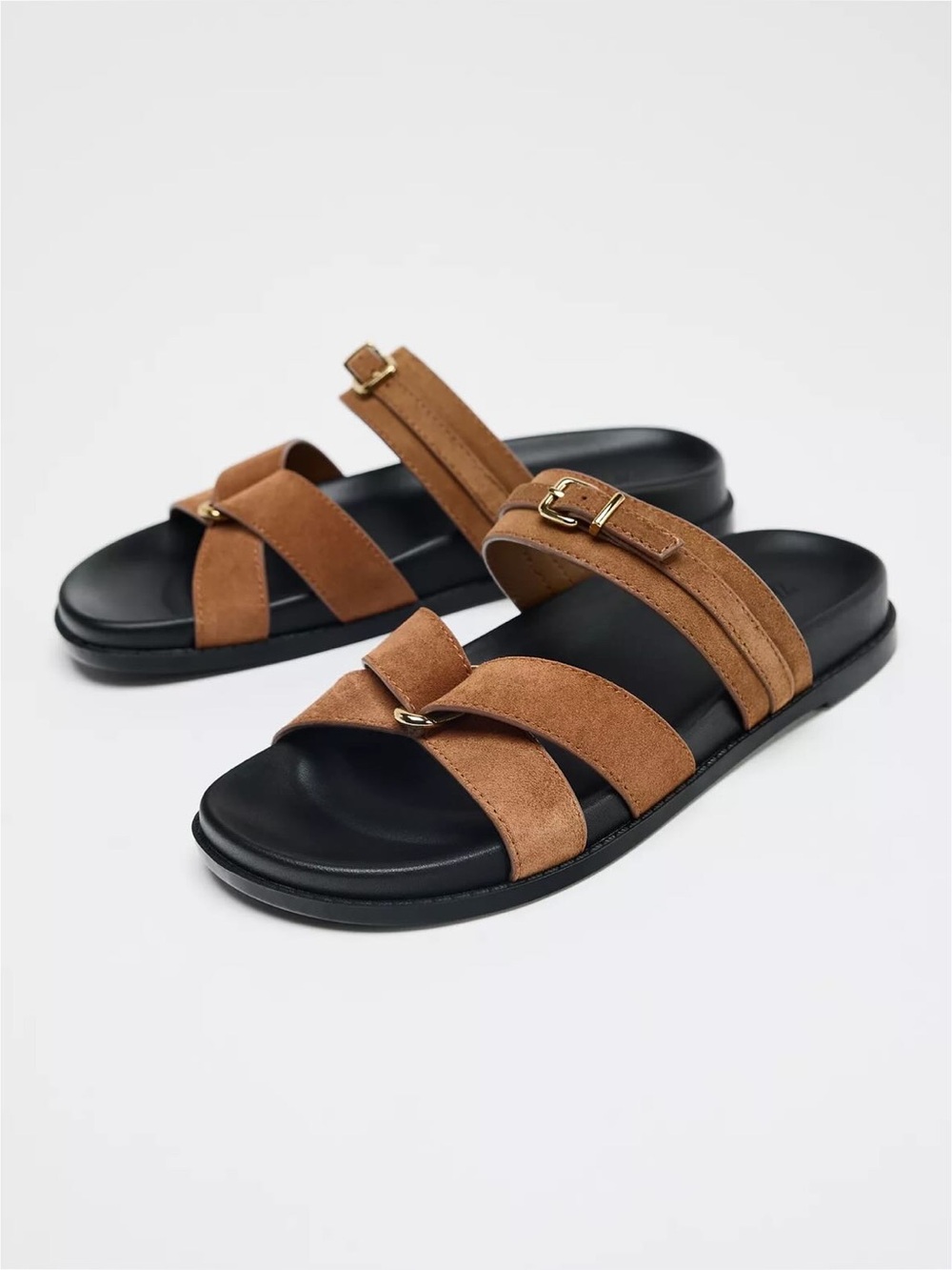 Zara Sandals Women US 7.5 Brown Leather Buckle Slide Flat Minimalist Strappy NWT